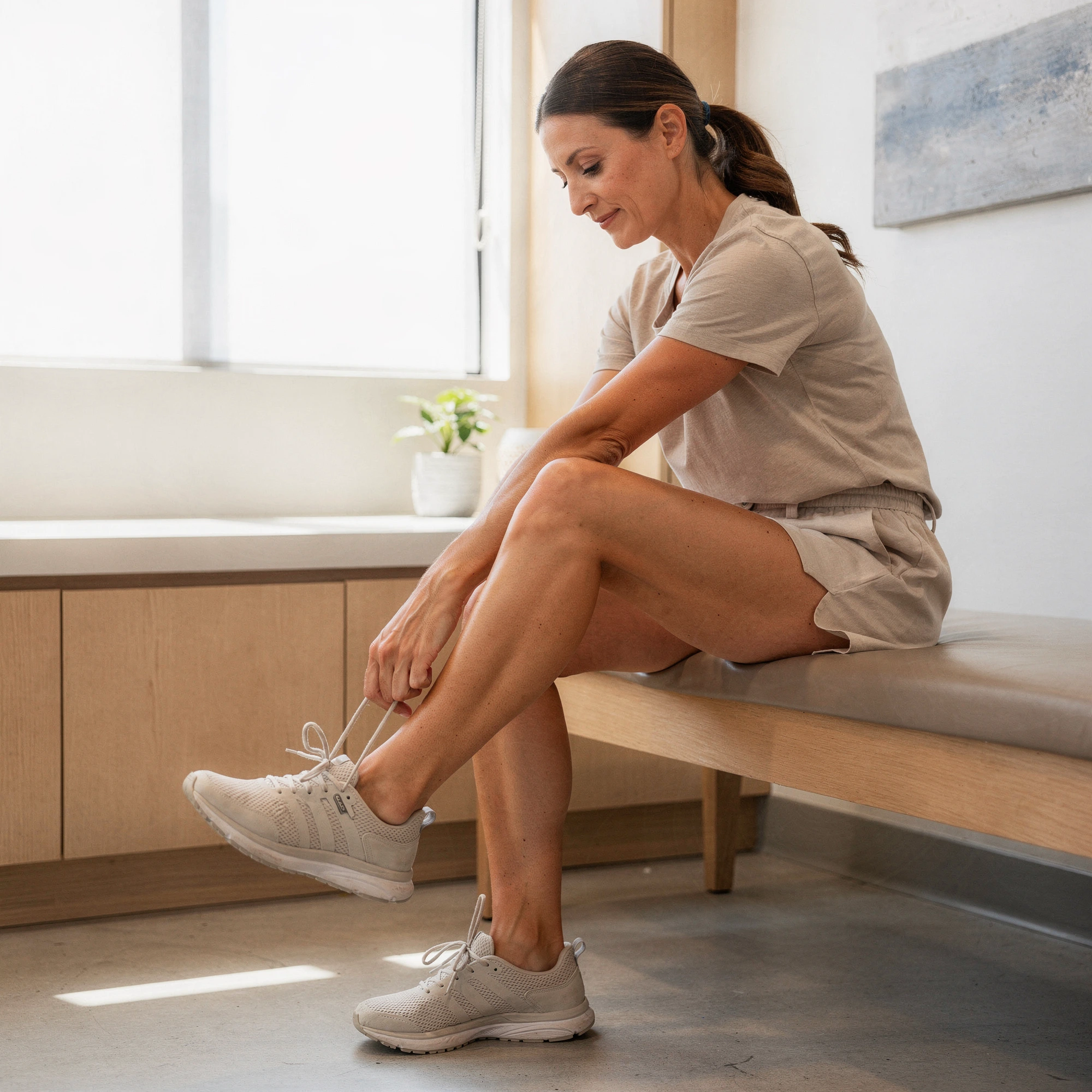 Woman examining her leg and foot in a bright clinic room